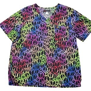 Koi Basics 1067PR Rainbow Peace Sign Scrub Top Mens Large Black Multi V-Neck